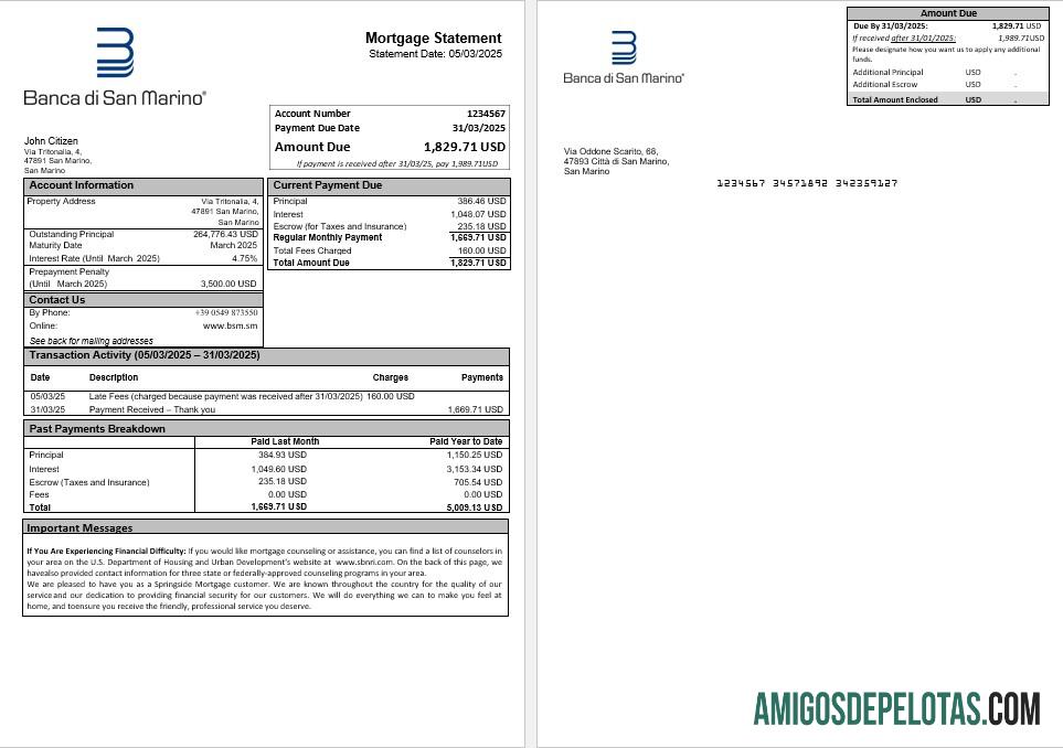 Extrato de hipoteca do San Marino Banca Di San Marino em formatos Word e PDF baixar para verificação